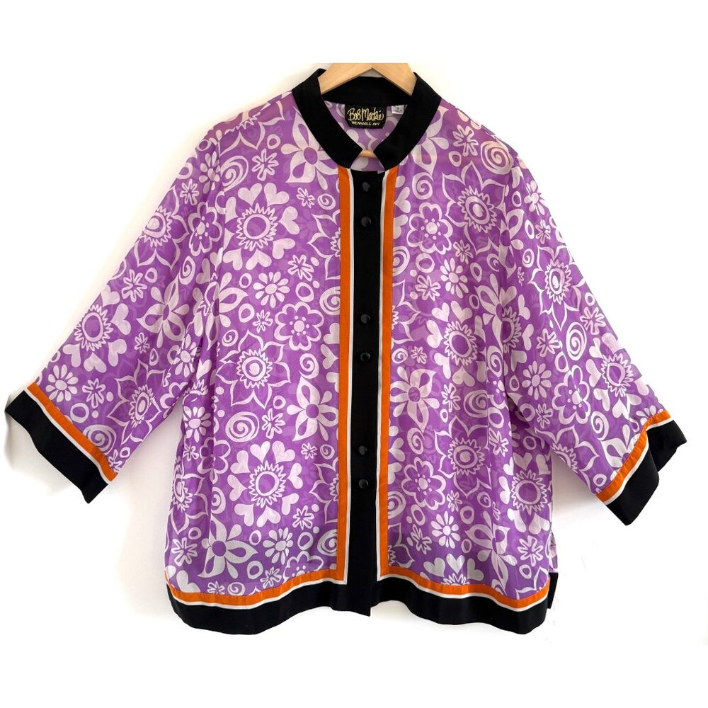 Bob Mackie Wearable Art Silk Floral Blouse 1X Purple Black Orange Trim Colorful